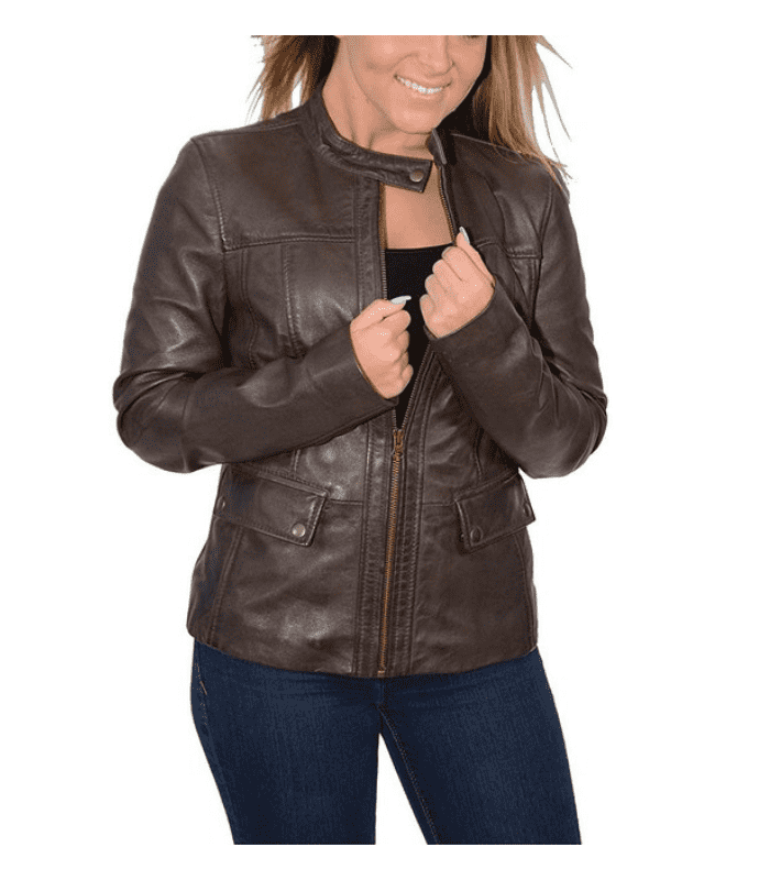 Womens-Brown-Casual-Biker-leather-jacket