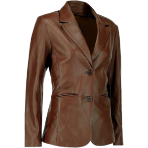 Women Two Button Brown Leather Blazer model style