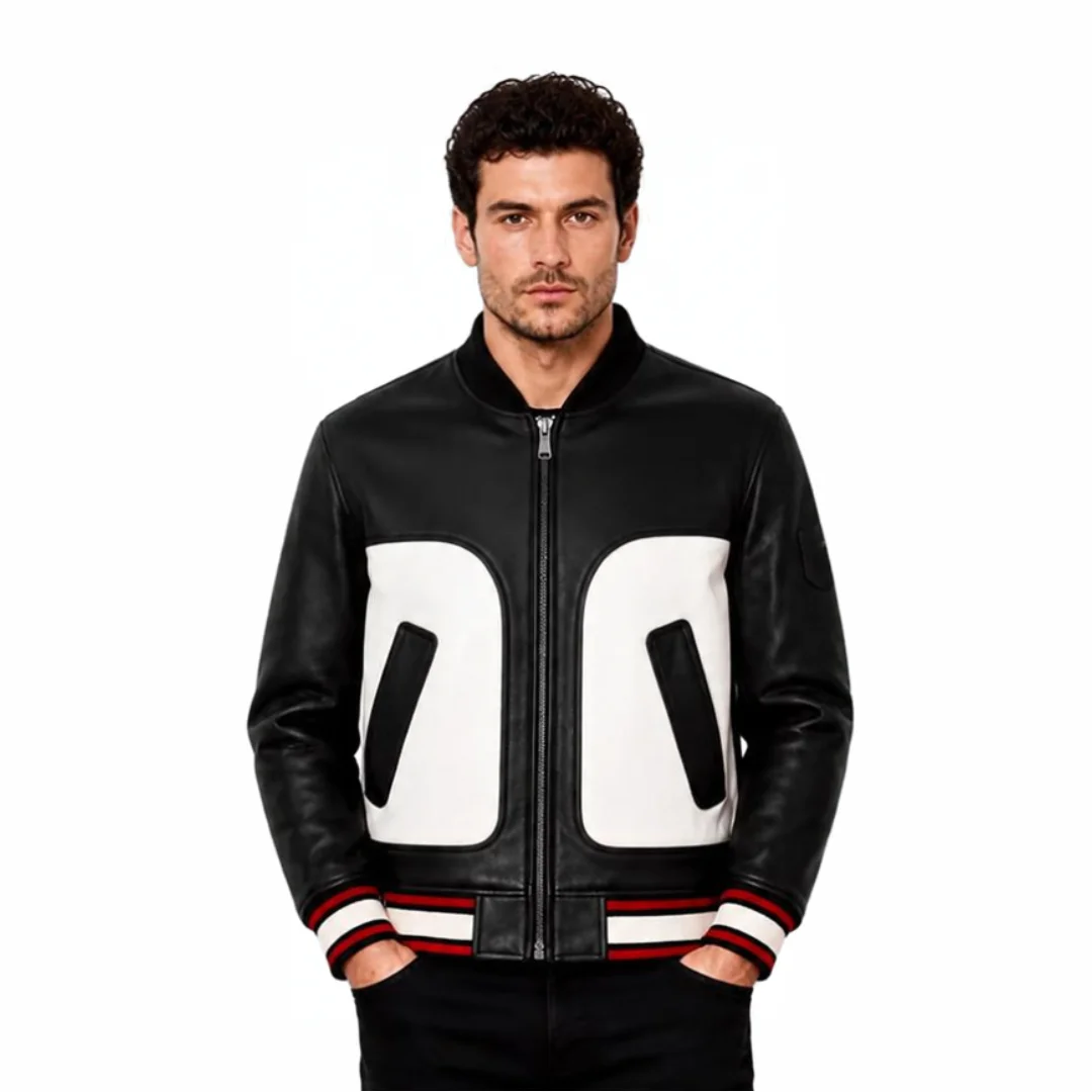 Men Black and White Leather Jacket