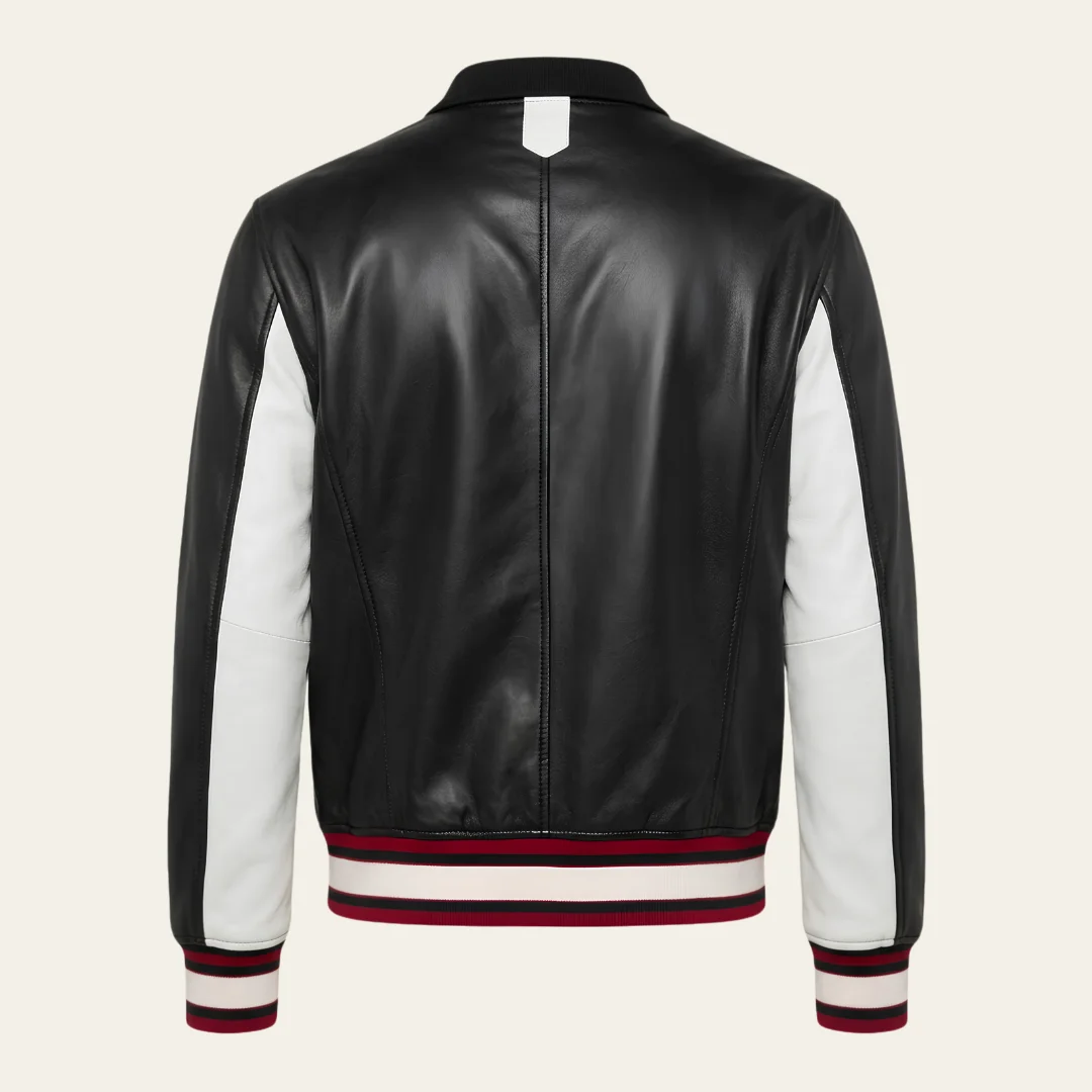 Men Black and White Leather Jacket back
