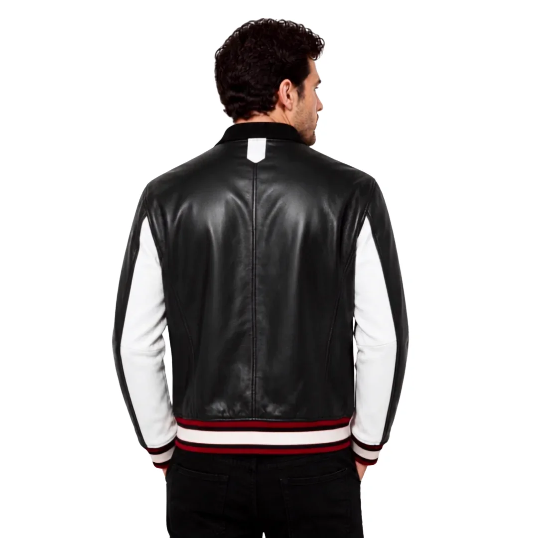 Men Black and White Leather Jacket back