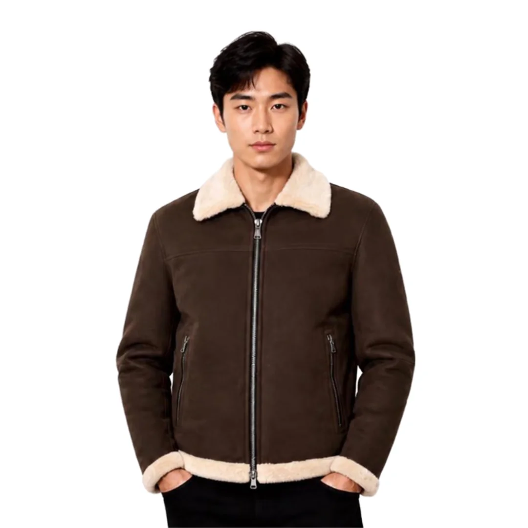 Men Brown Sherpa Suede Jacket