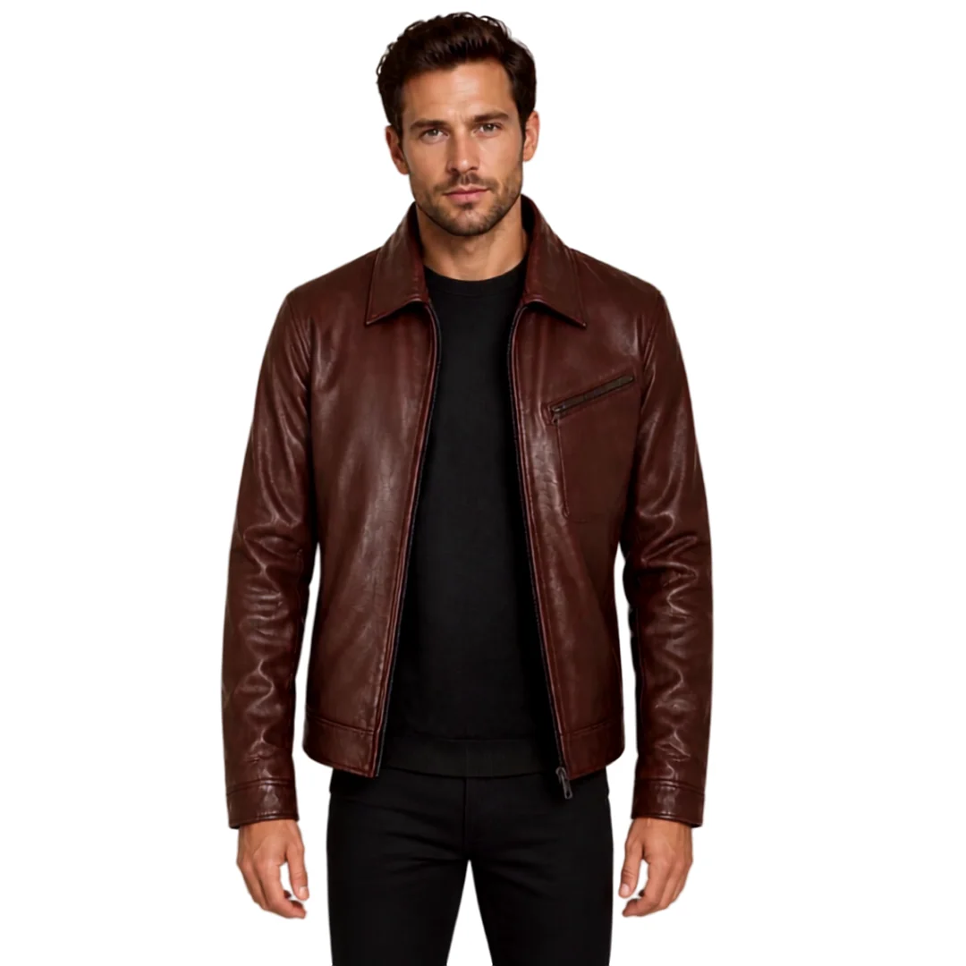 Plain Casual Brown Leather Jacket