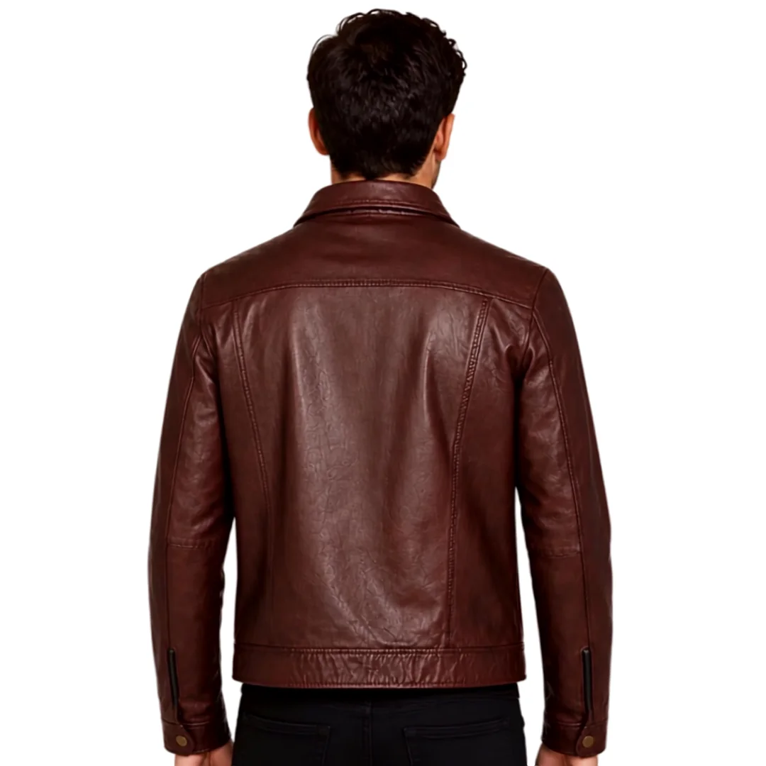 Plain Casual Brown Leather Jacket back