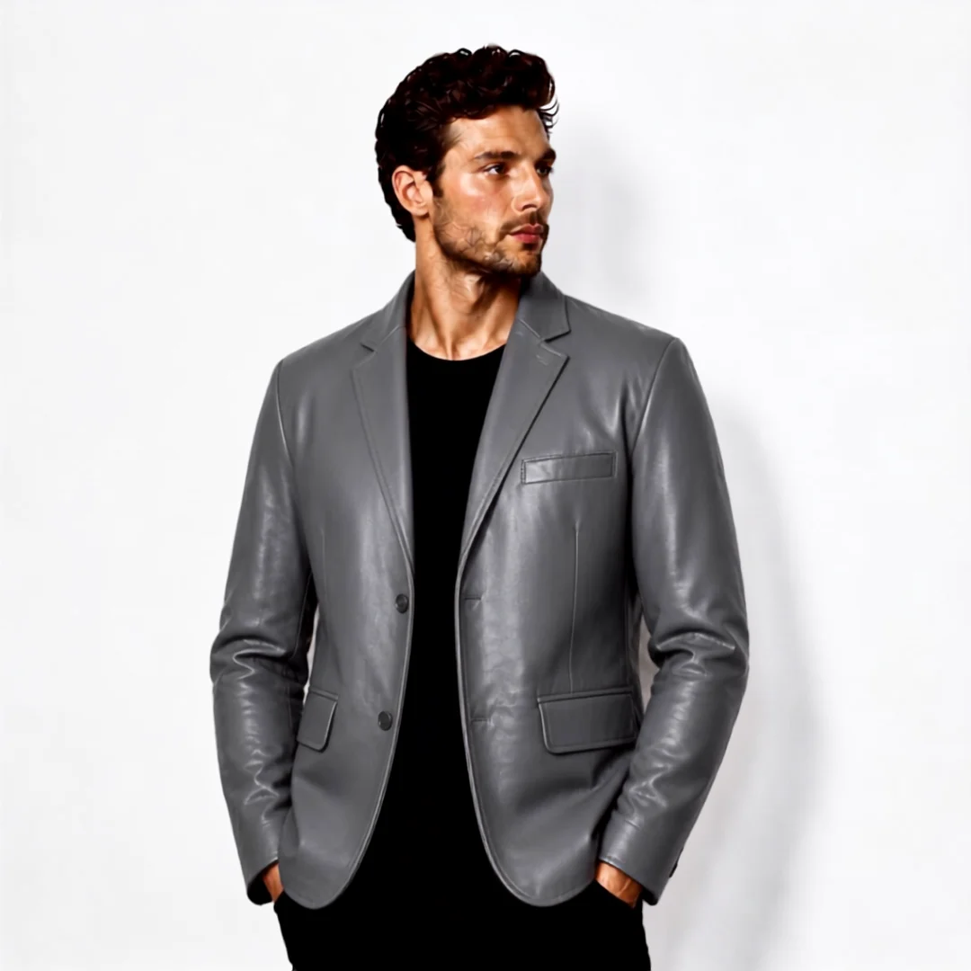 Two Buttoned Grey Leather Blazer