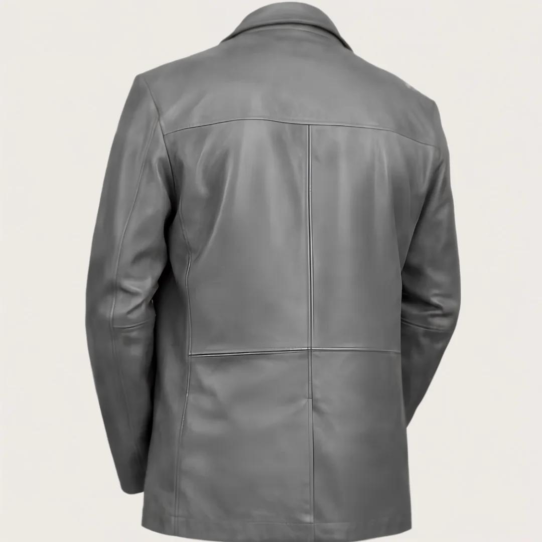 Two Buttoned Grey Leather Blazer back