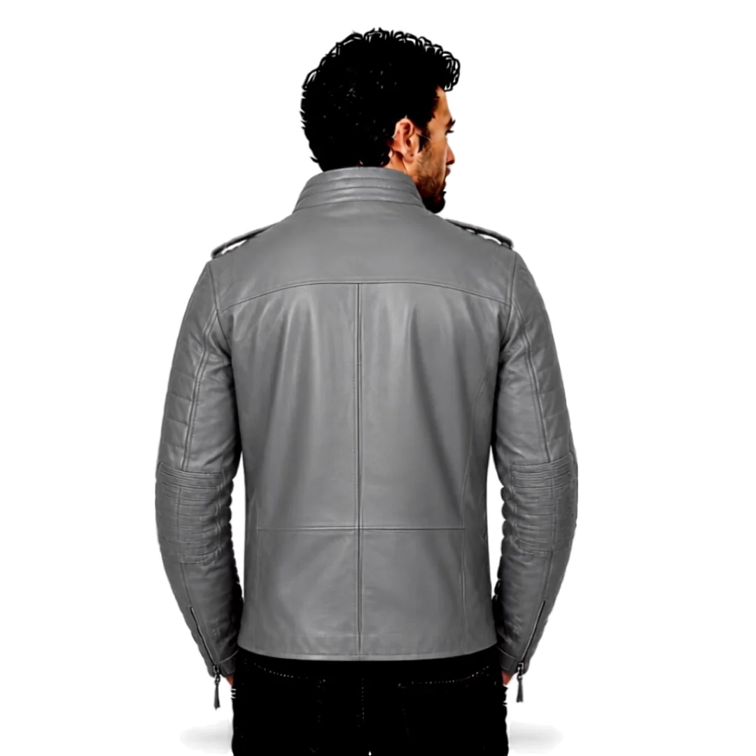 Two Buttoned Grey Leather Blazer back