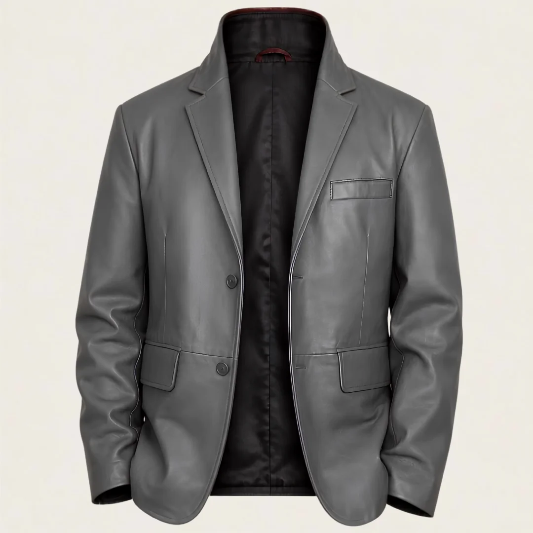 Two Buttoned Grey Leather Blazer
