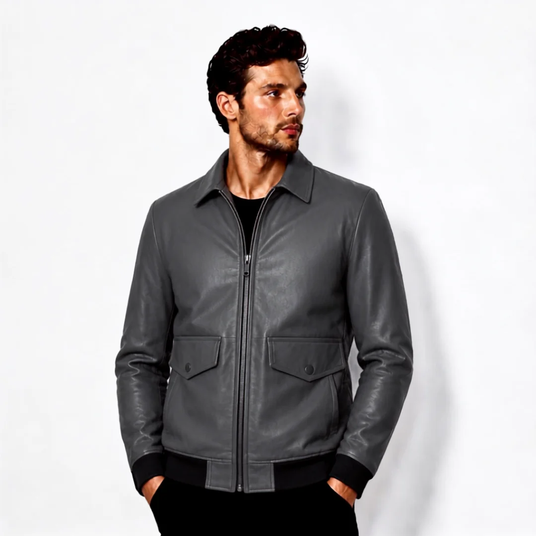 Vintage Bomber Grey Leather Jacket
