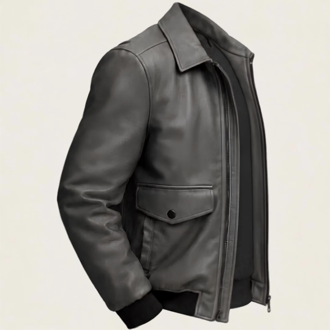 Vintage Bomber Grey Leather Jacket side