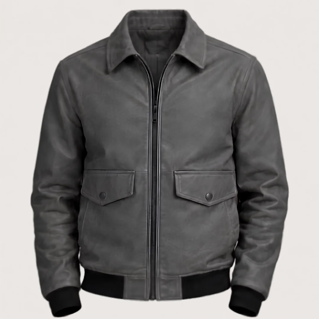 Vintage Bomber Grey Leather Jacket