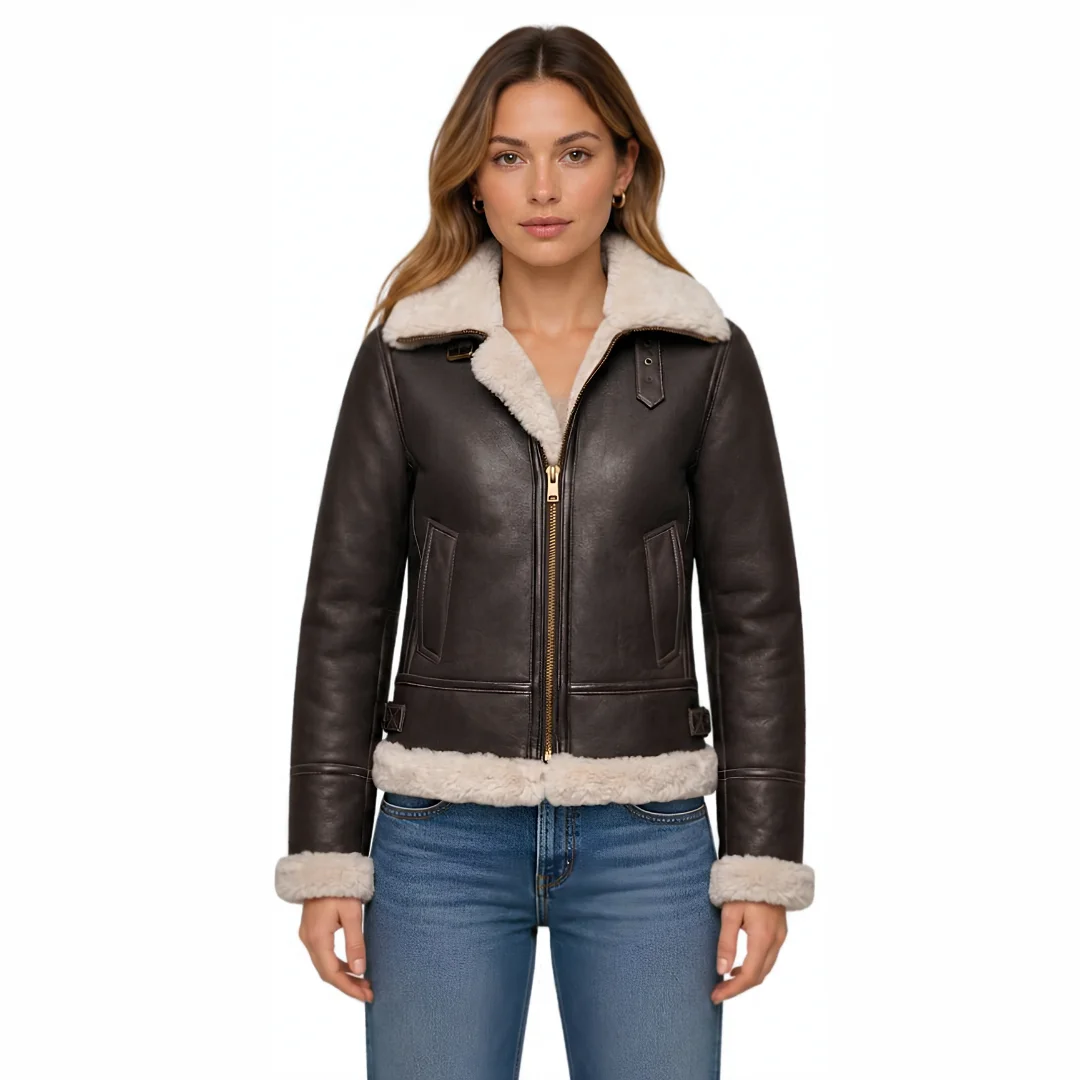 Women Aviator Dark Brown Shearling Leather Jacket
