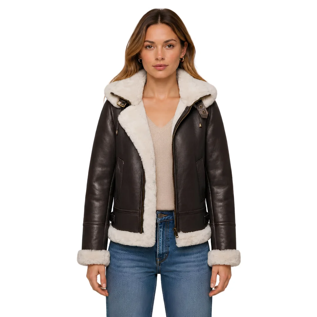 Women Aviator Dark Brown Shearling Leather Jacket front