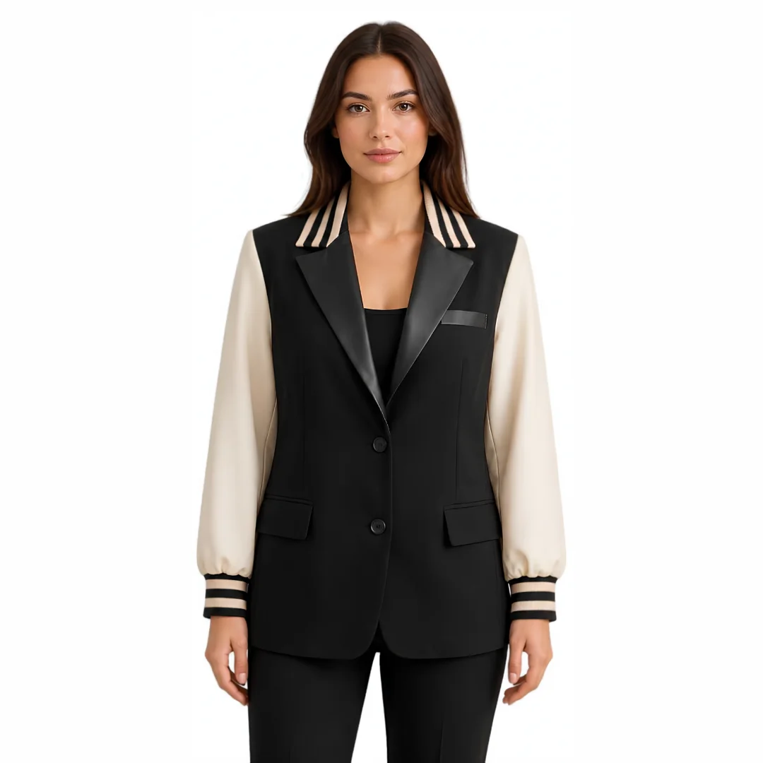 Women Black And White Varsity Blazer Jacket