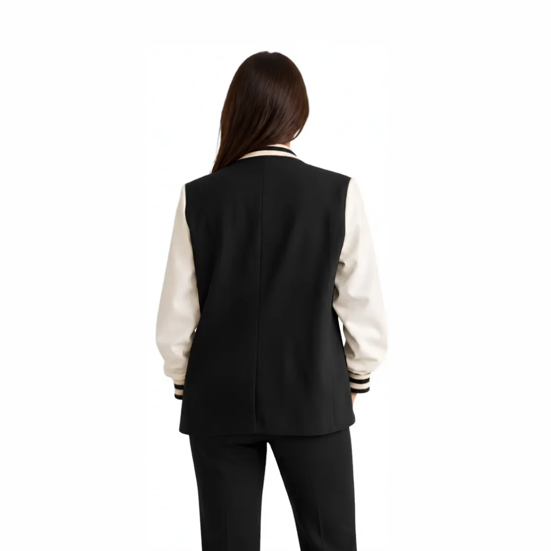 Women Black And White Varsity Blazer Jacket back