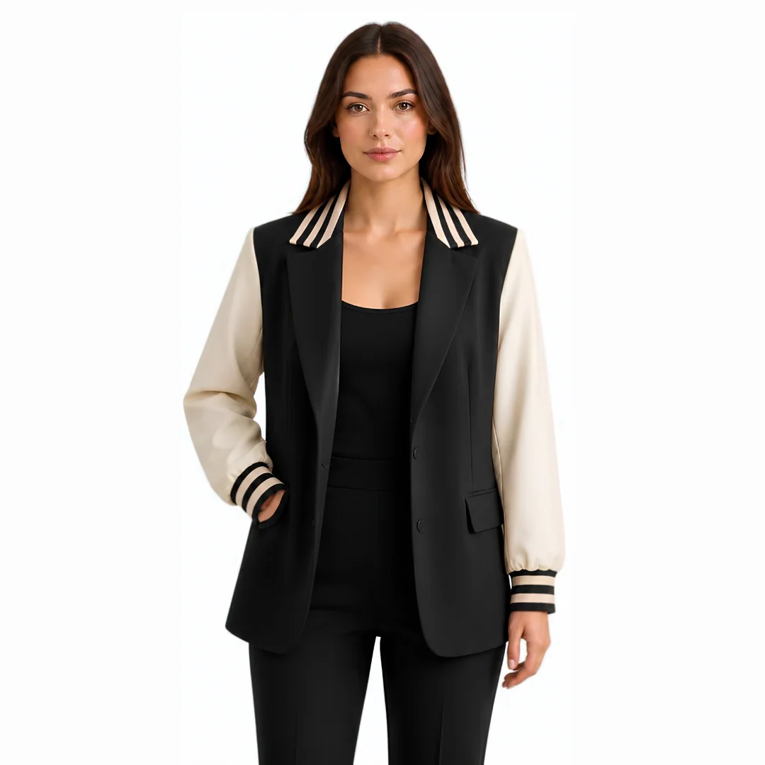 Women Black And White Varsity Blazer Jacket