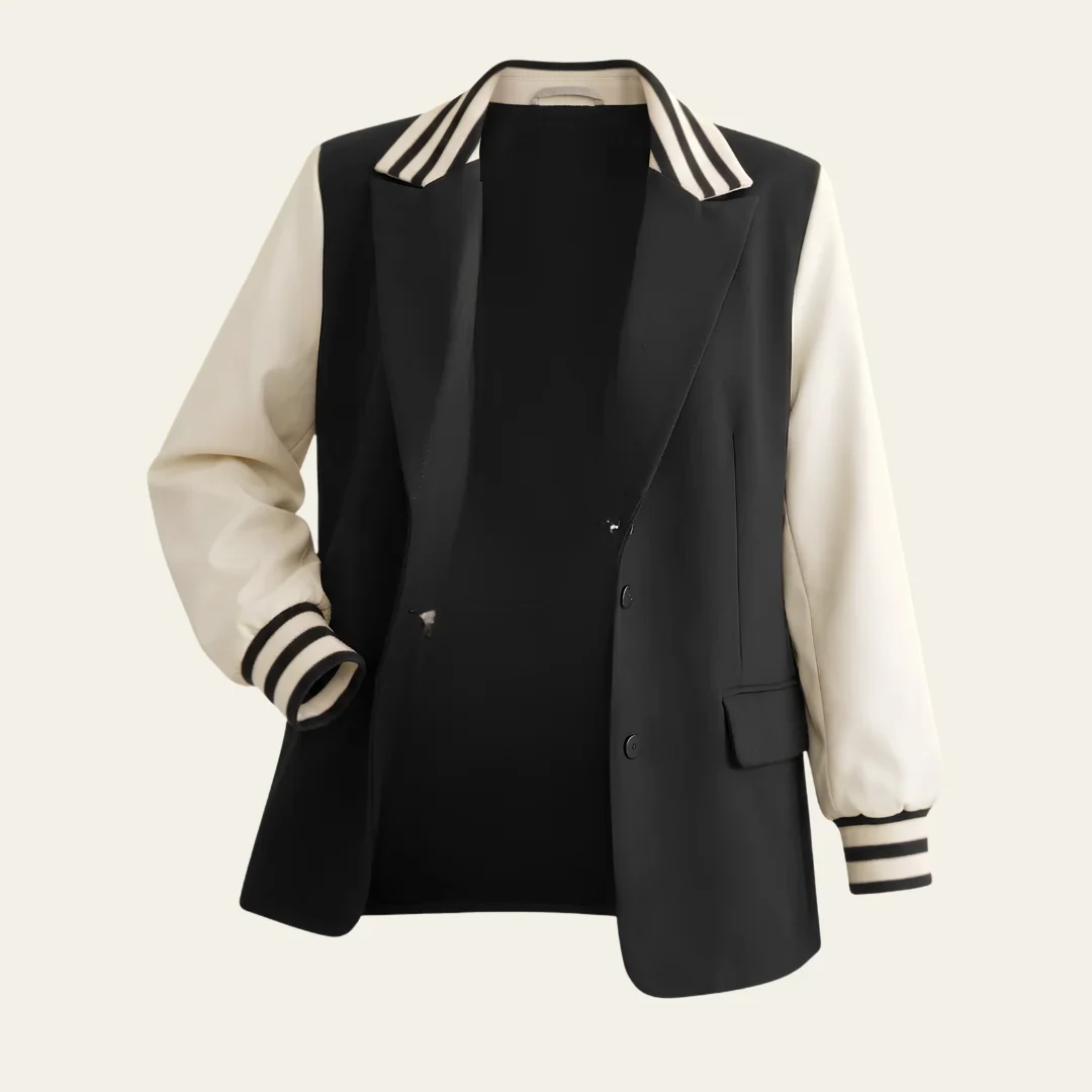 Women Black And White Varsity Blazer Jacket open