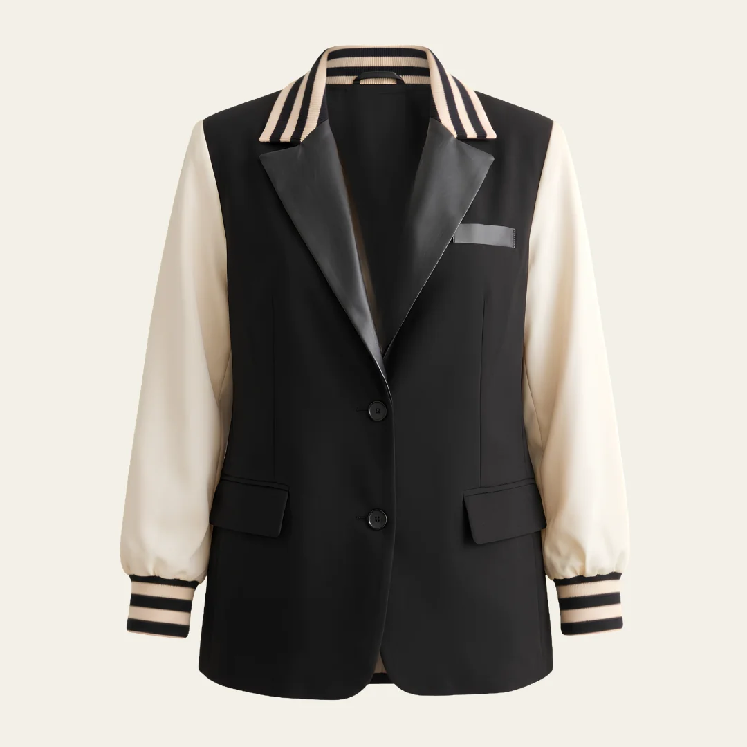 Women Black And White Varsity Blazer Jacket
