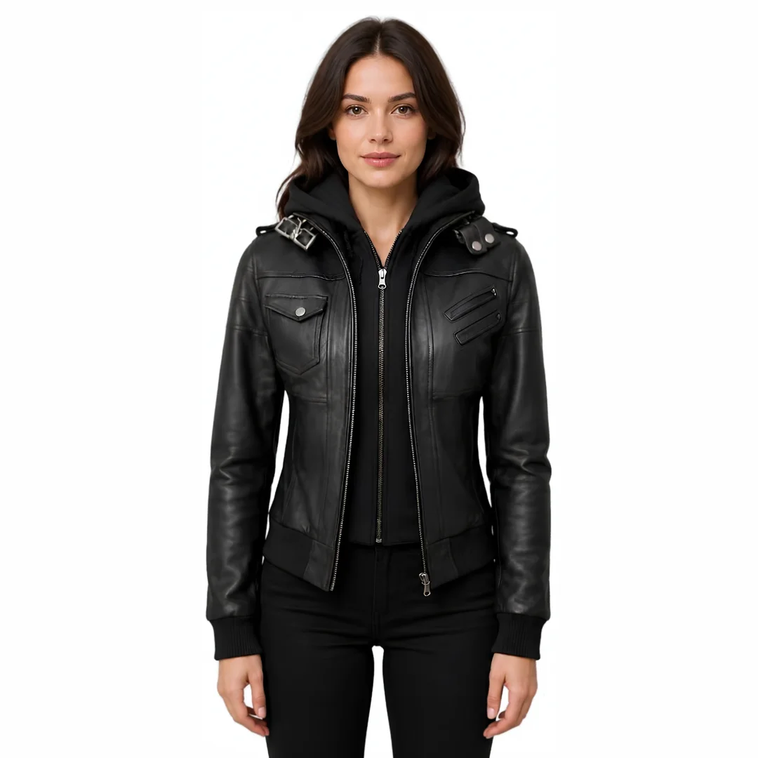 Women Black Leather Hooded Jacket