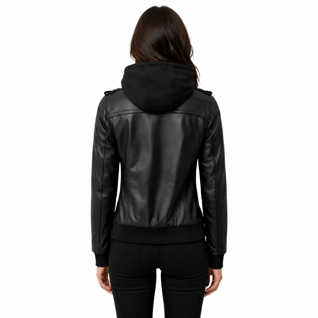 Women Black Leather Hooded Jacket back
