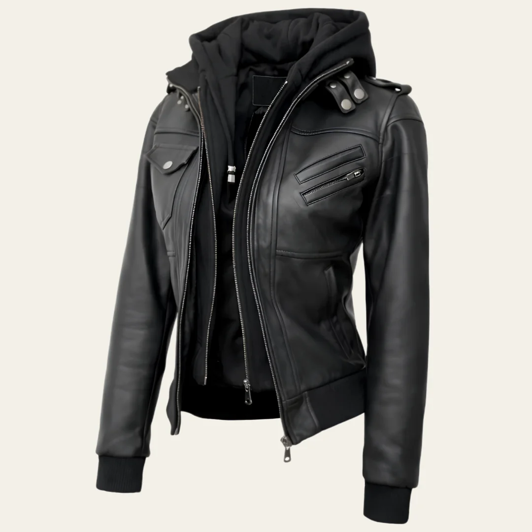 Women Black Leather Hooded Jacket side