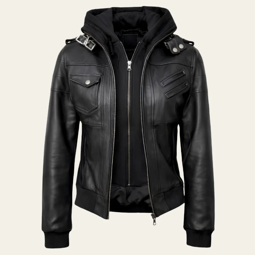 Women Black Leather Hooded Jacket