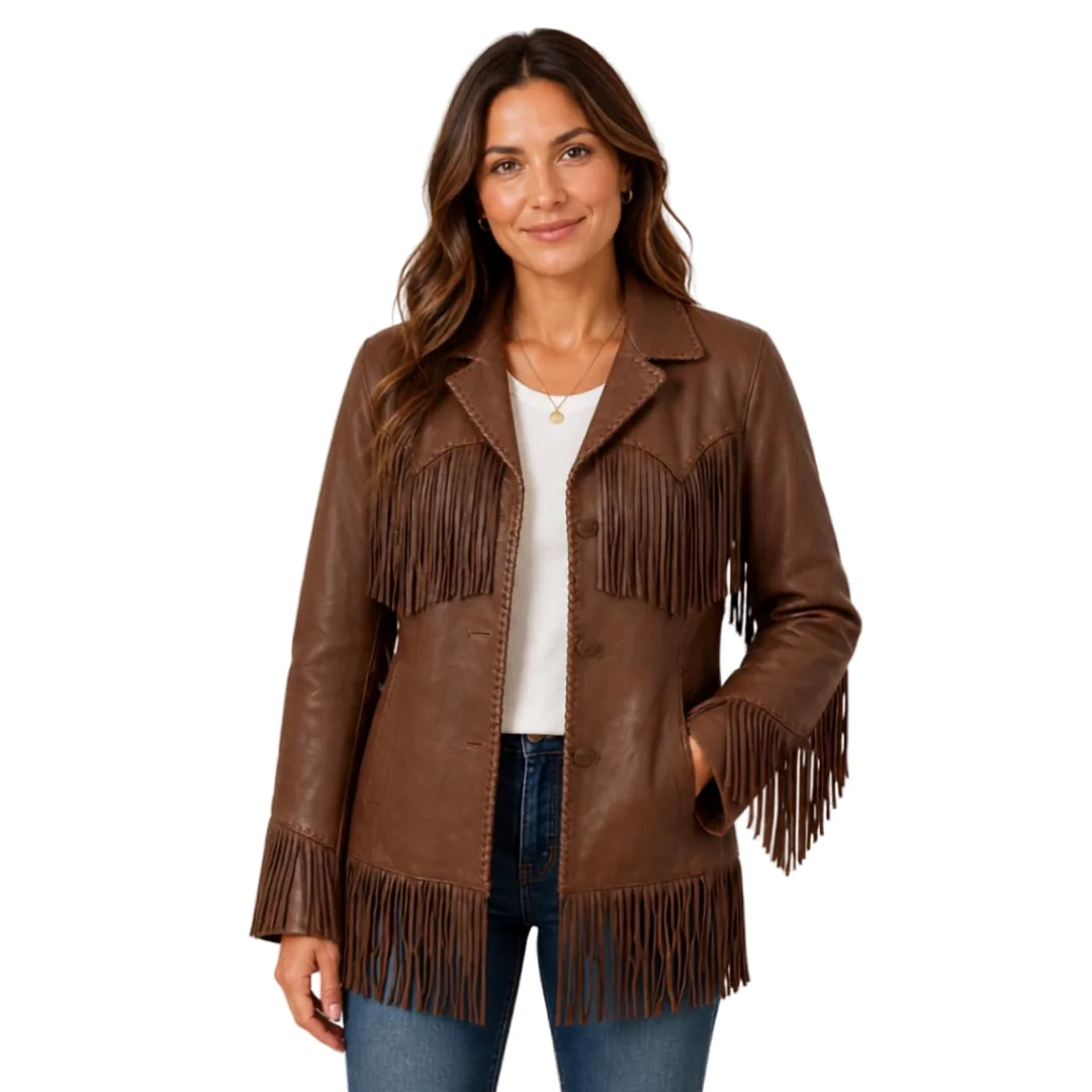 Women Classic Brown Leather Fringe Jacket