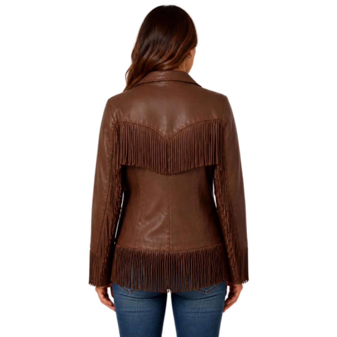 Women Classic Brown Leather Fringe Jacket back
