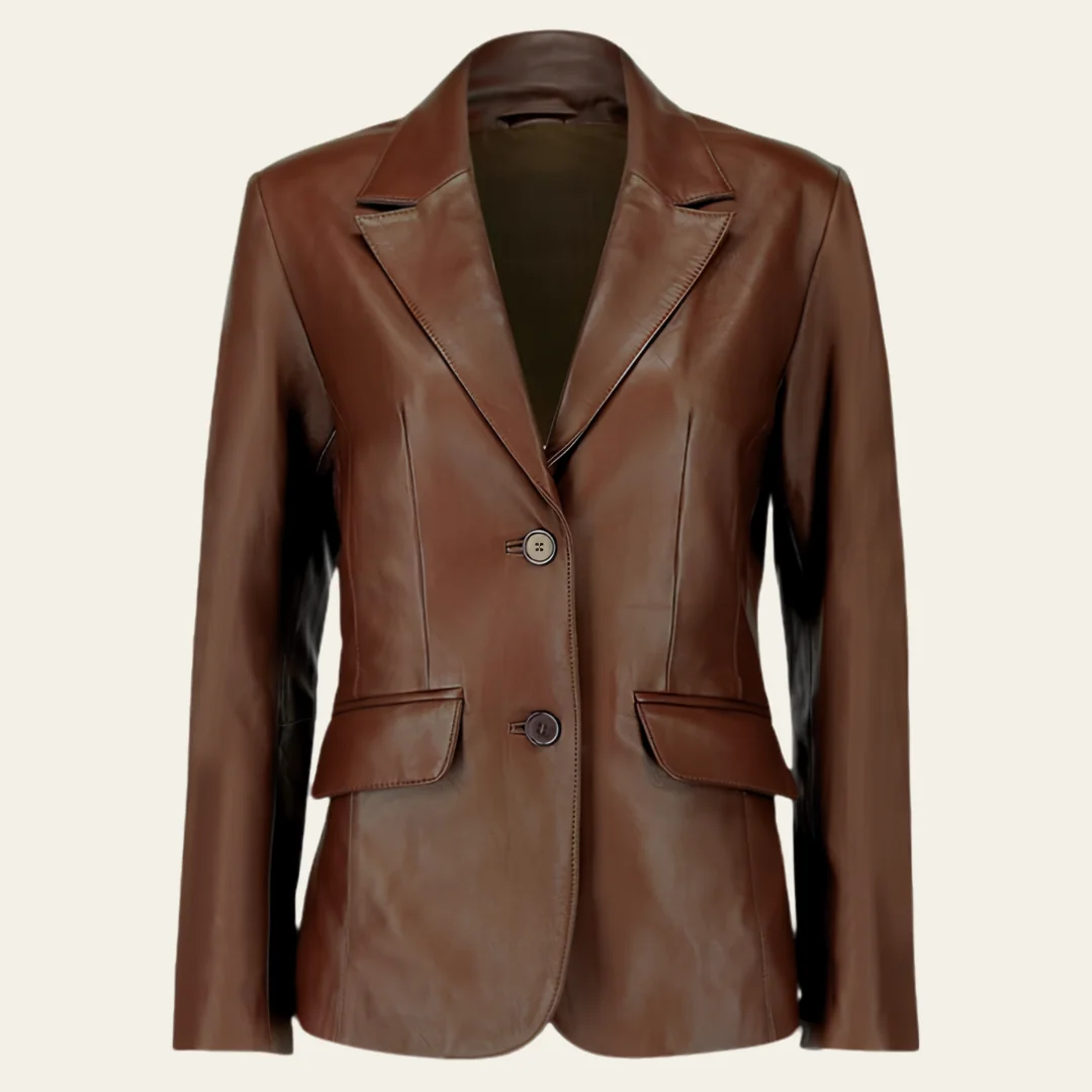 Women Two Button Brown Leather Blazer