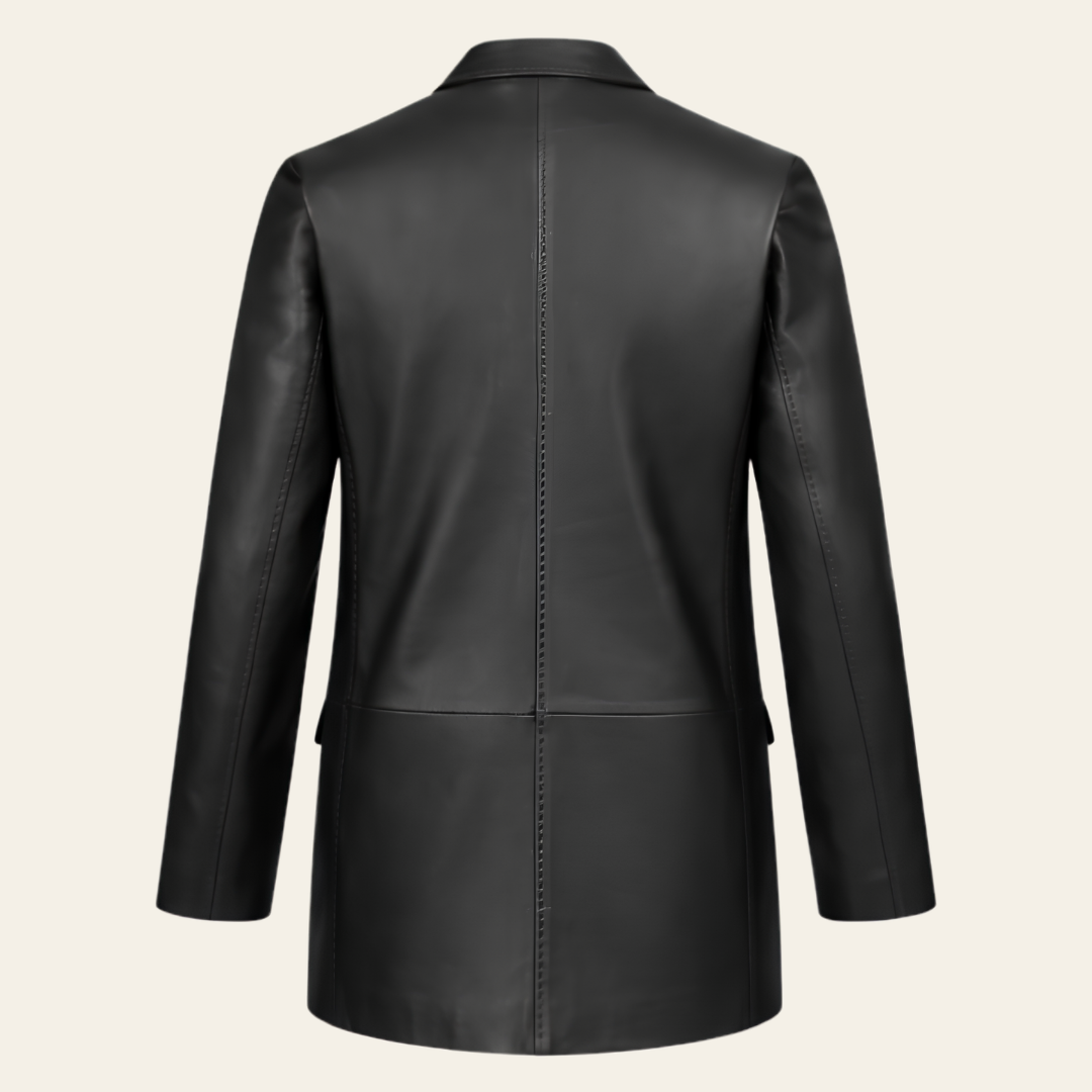 Women Elegant Single Button Black Leather Blazer back