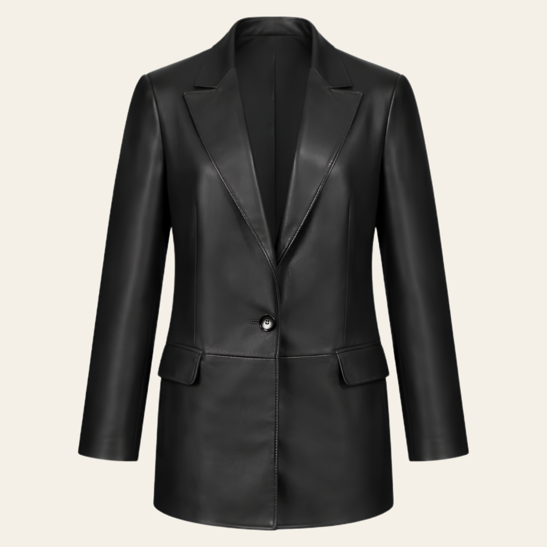 Women Single Button Black Leather Blazer