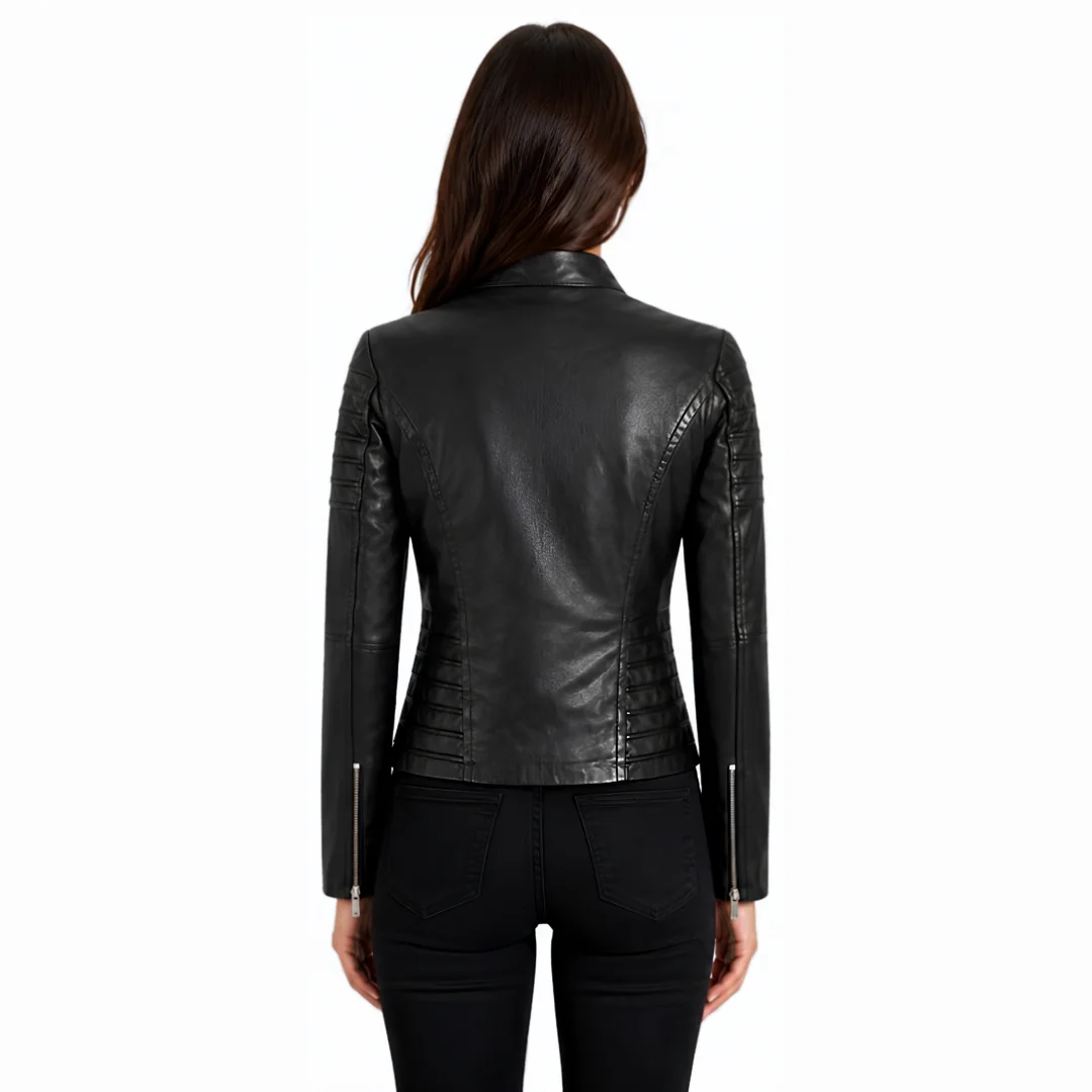 Women Moto Black Leather Jacket back