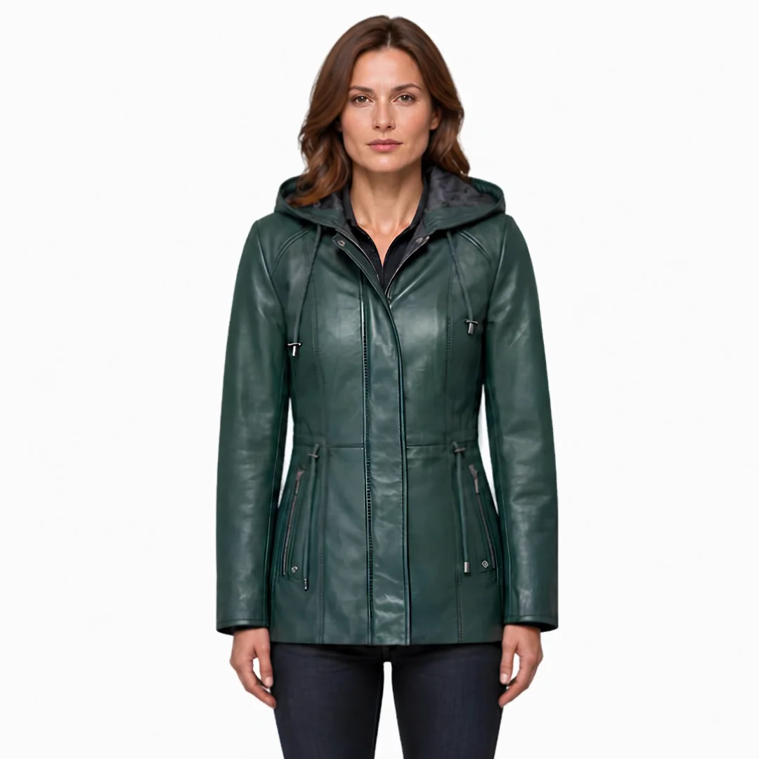 Women Navy Blue Leather Hooded Coat