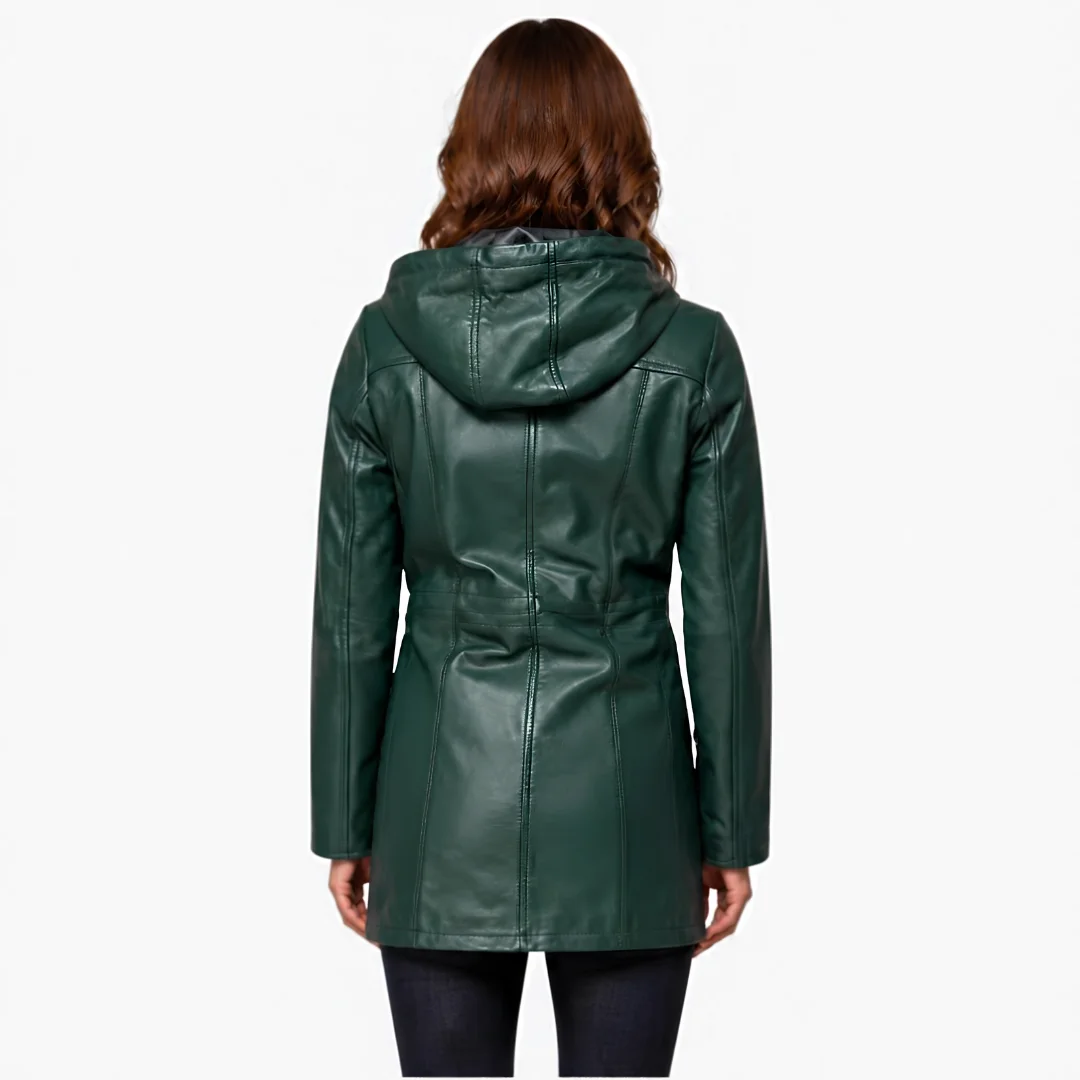 Women Navy Blue Leather Hooded Coat back
