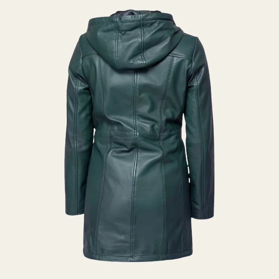 Women Navy Blue Leather Hooded Coat back