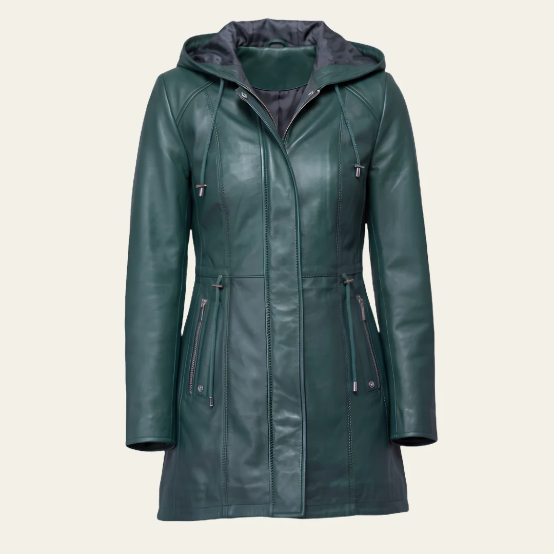 Women Navy Blue Leather Hooded Coat