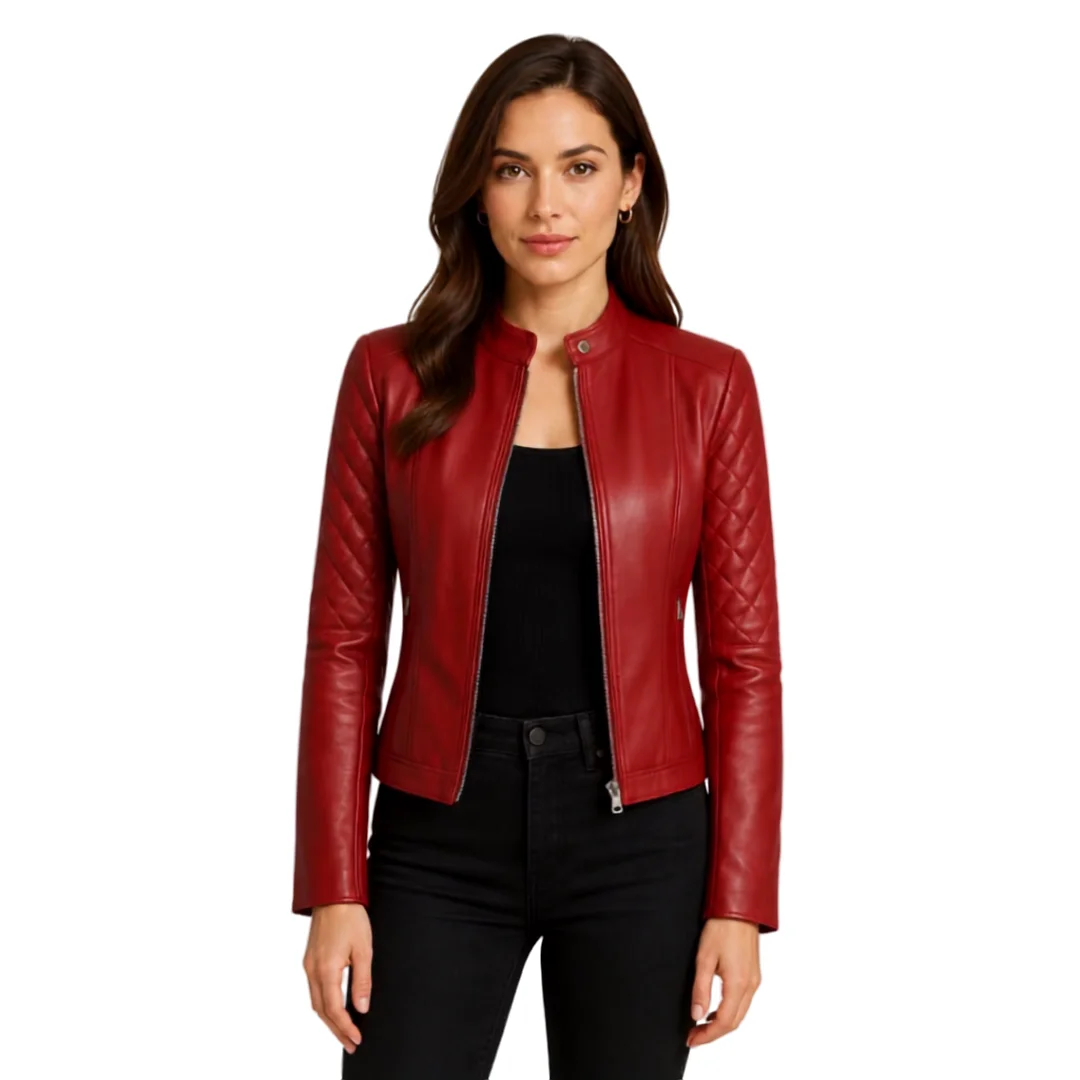 Women Quilted Red Leather Jacket