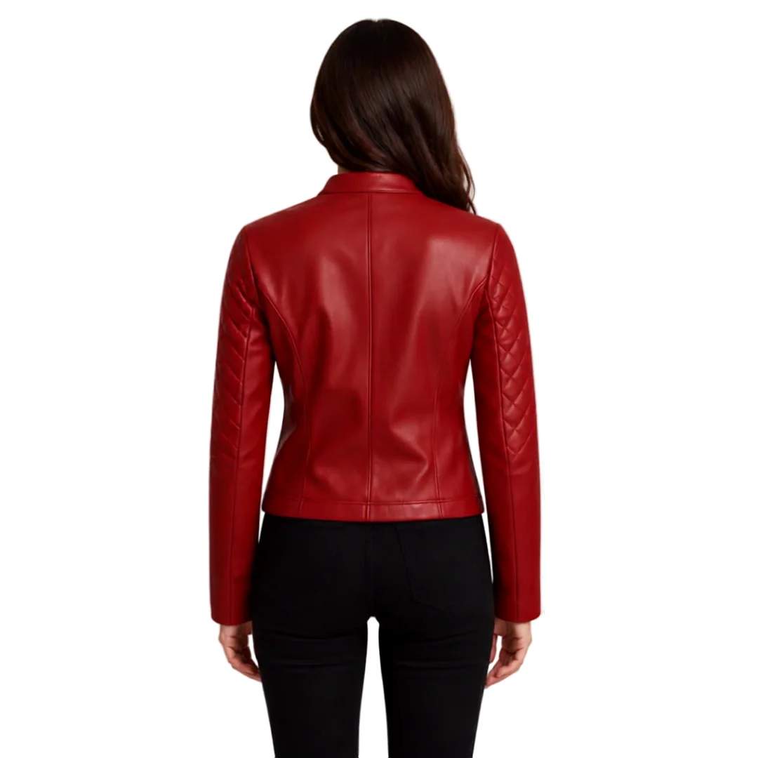 Women Quilted Red Leather Jacket back