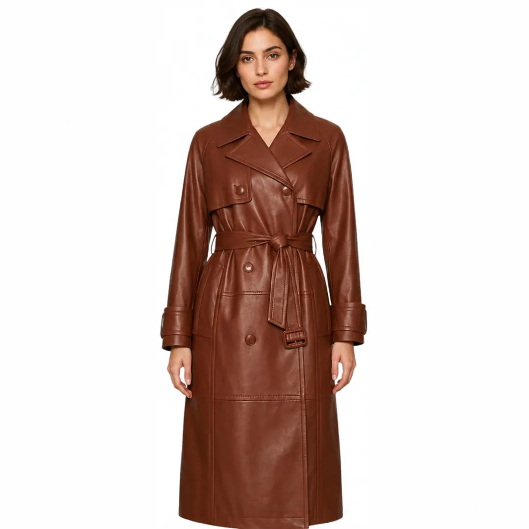 Women Simple Brown Leather Trench Coat