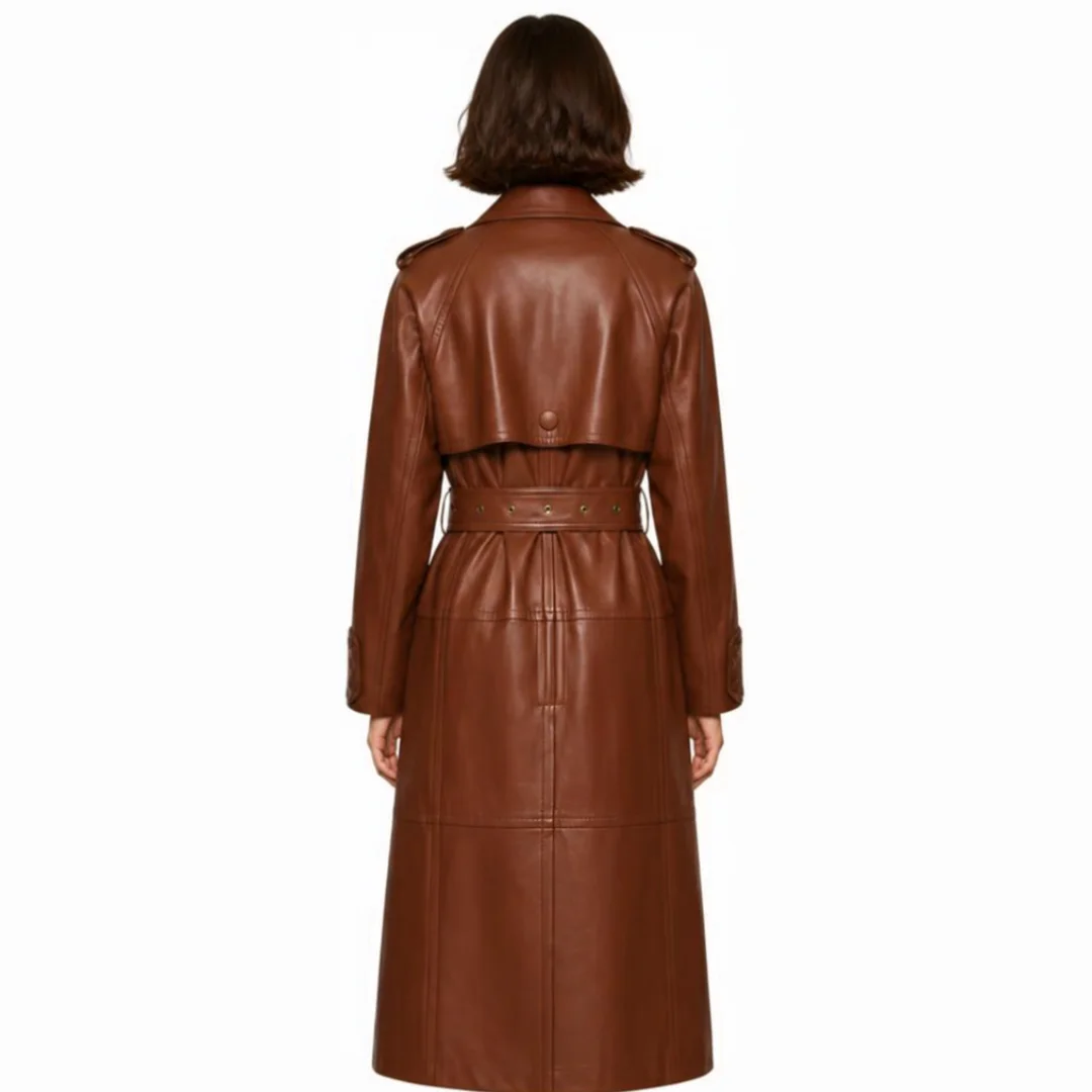 Women Simple Brown Leather Trench Coat back