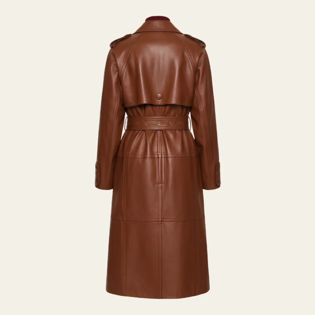 Women Simple Brown Leather Trench Coat back