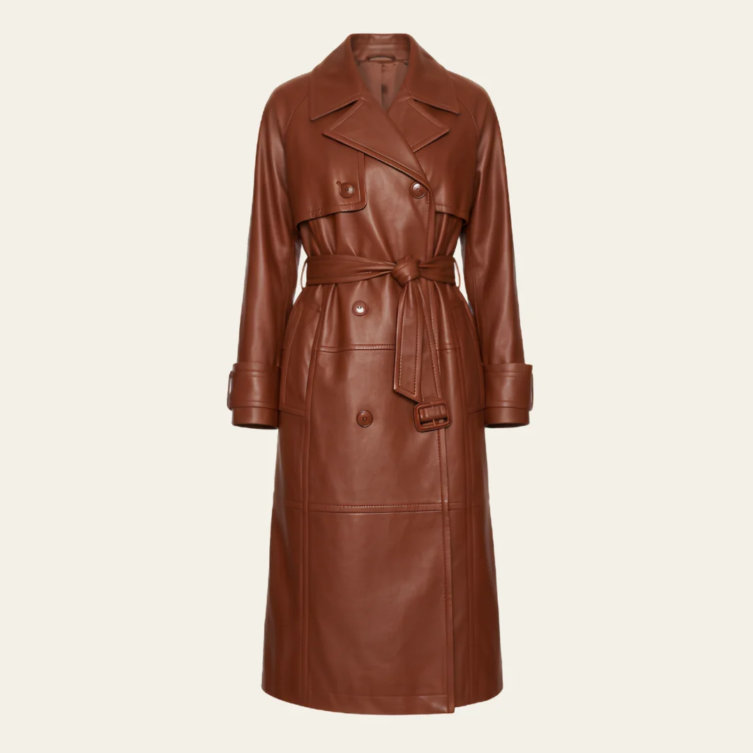 Women Simple Brown Leather Trench Coat