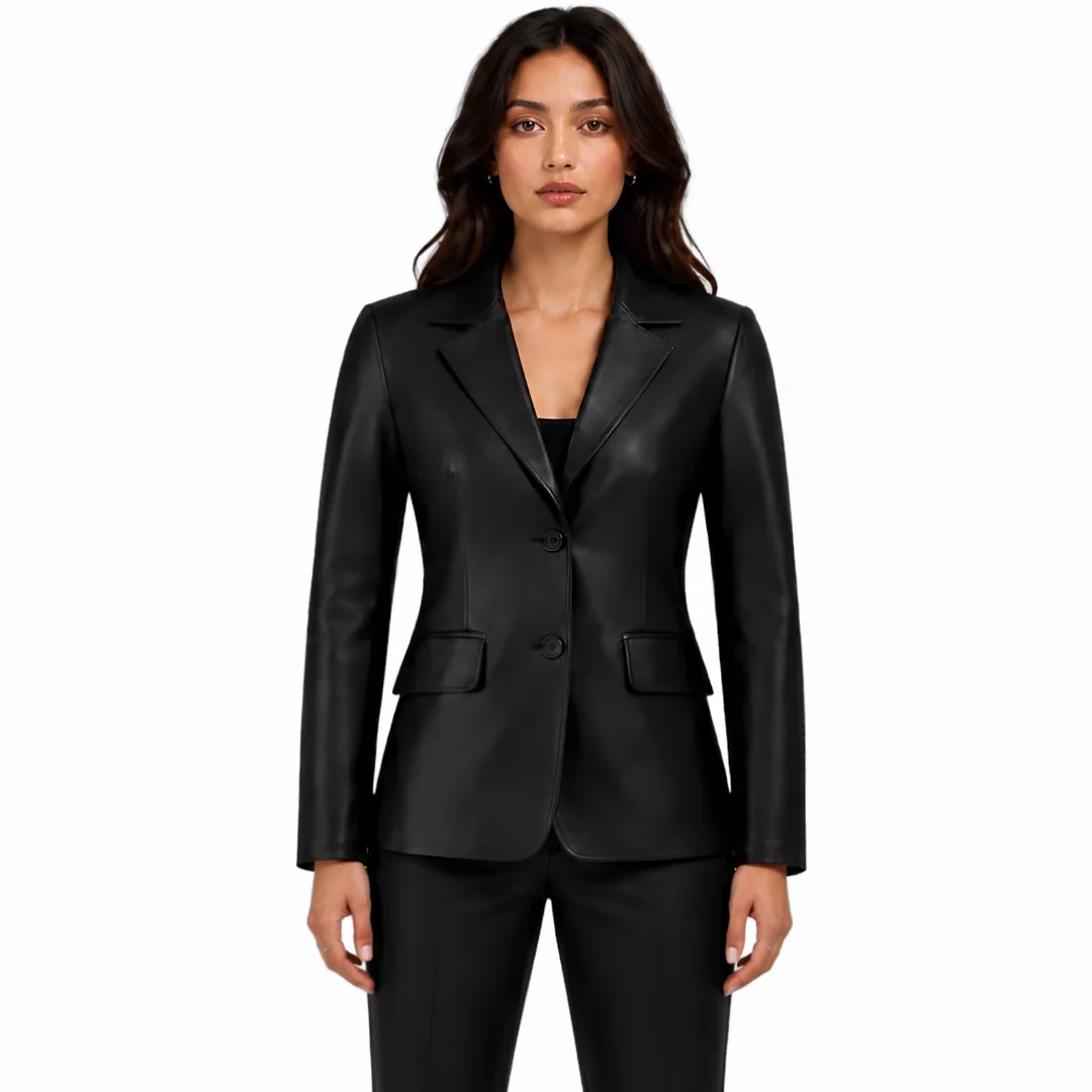 Women Simple Two Buttoned Black Leather Blazer