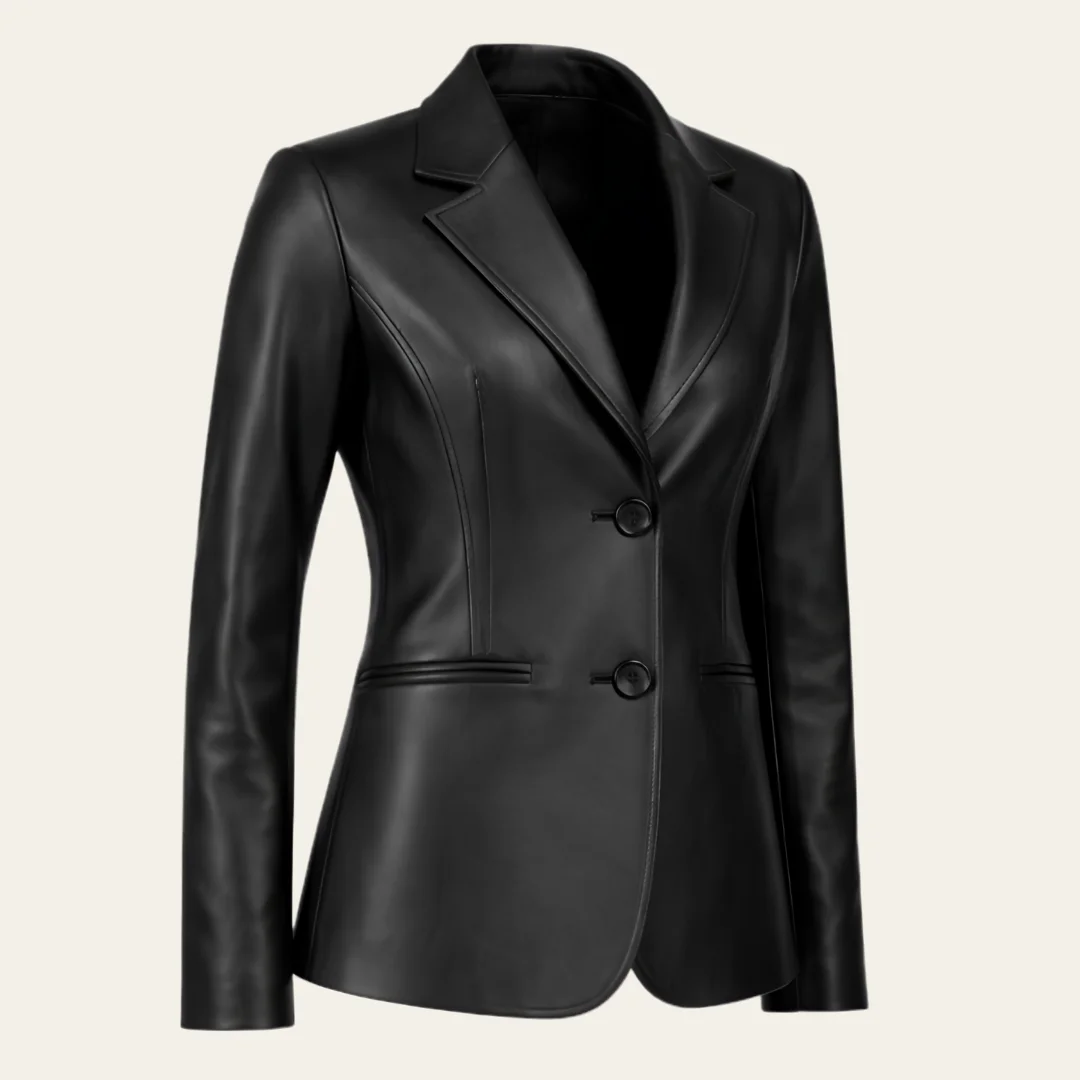 Women Simple Two Buttoned Black Leather Blazer side