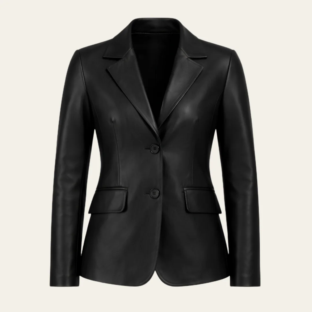Women Simple Two Buttoned Black Leather Blazer