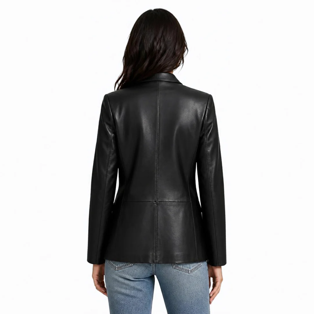 Women Single Button Black Leather Blazer back
