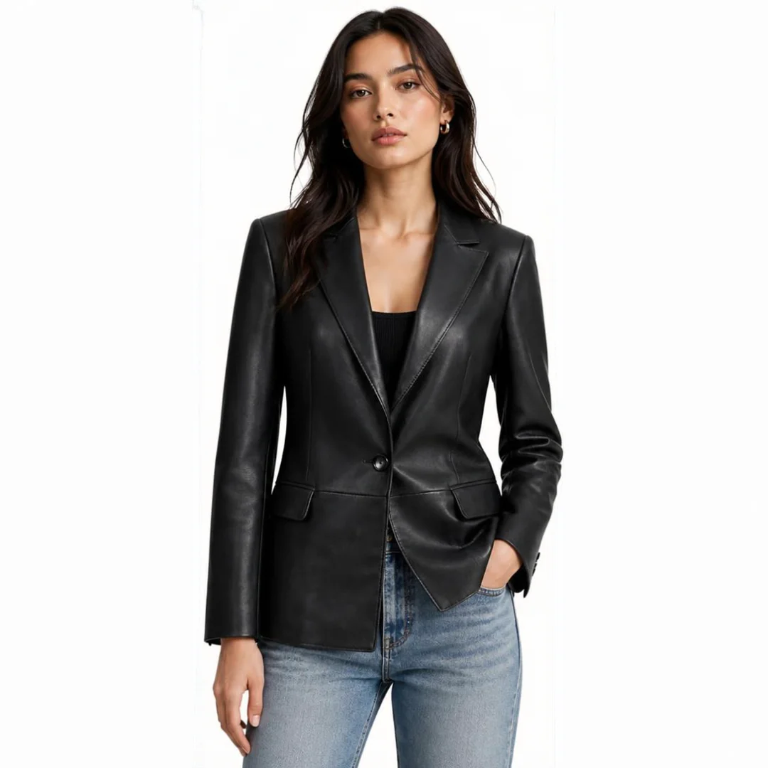 Women Single Button Black Leather Blazer