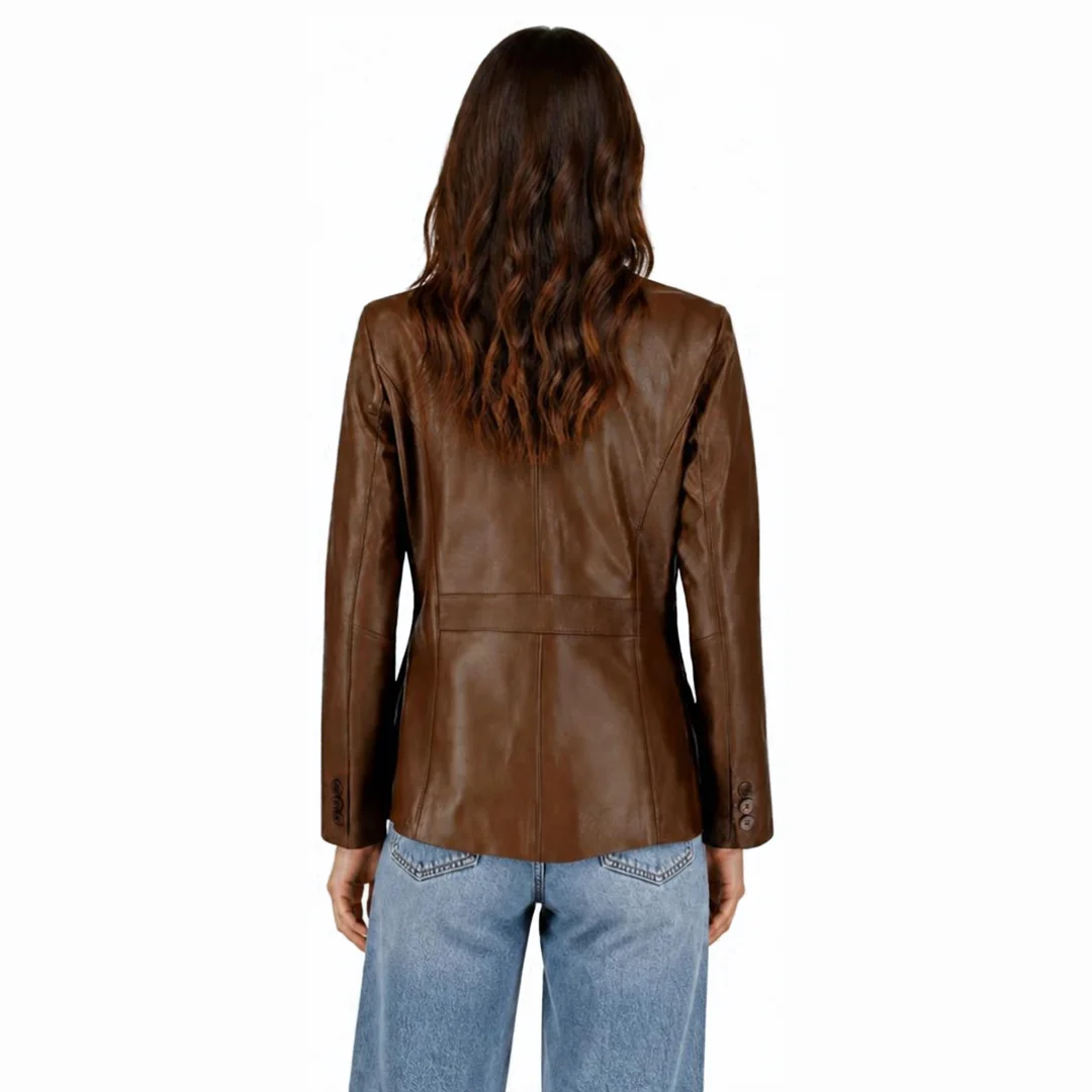 Women Two Button Brown Leather Blazer back