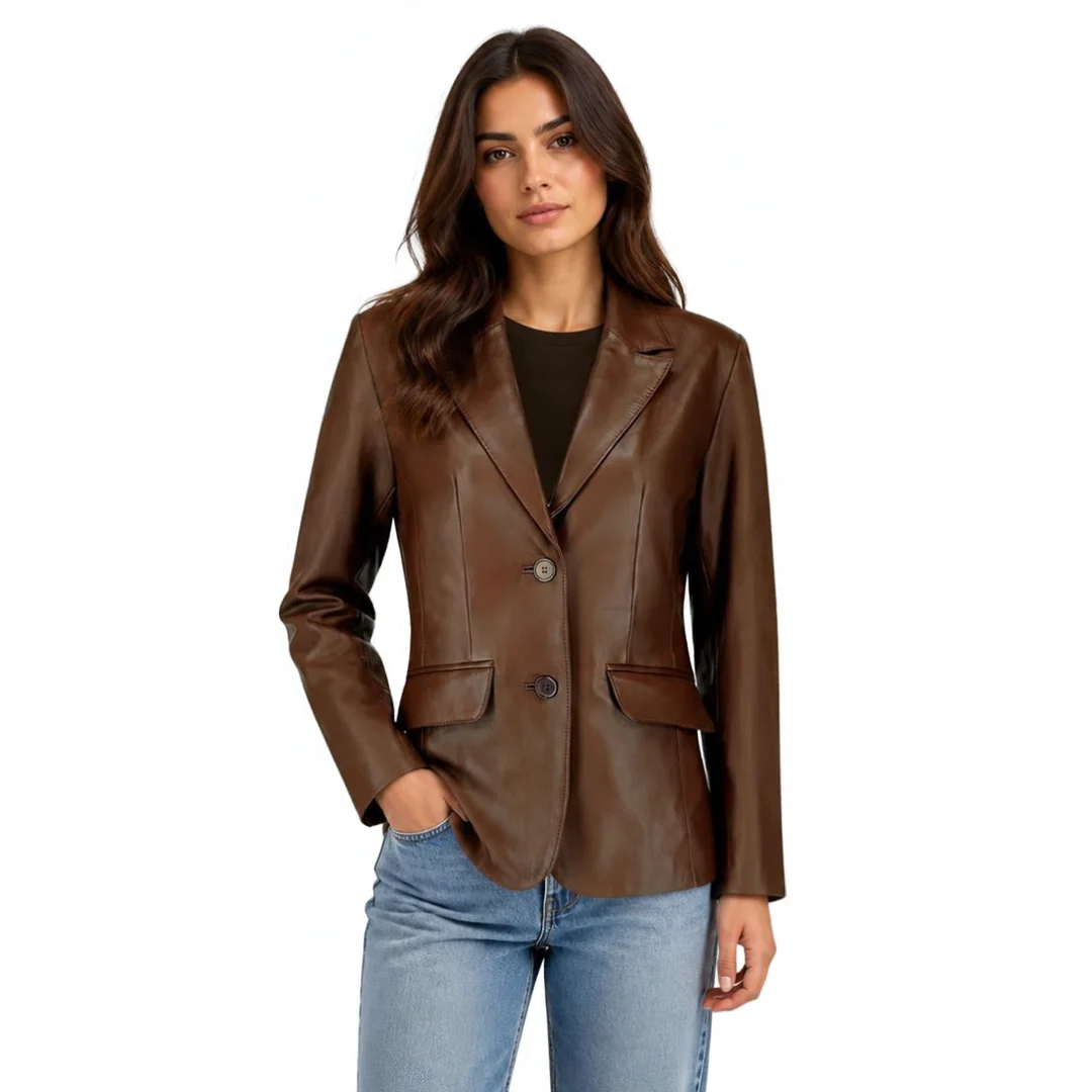 Women Two Button Brown Leather Blazer