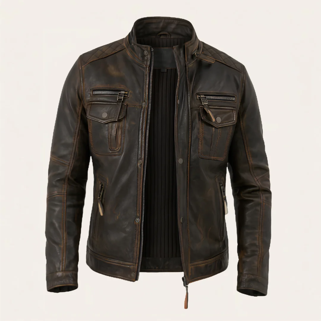 Biker Slim Fit Vintage Distressed Brown Real Leather Jacket